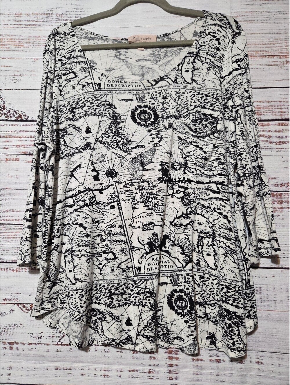 Philosophy Woman 1X Black and White Map Print Tunic Top Long Sleeve Stretch